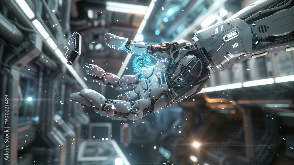 Aufkleber a virtual assistant with a real hand in a futuristic scene. a vision of the future of technology, wh