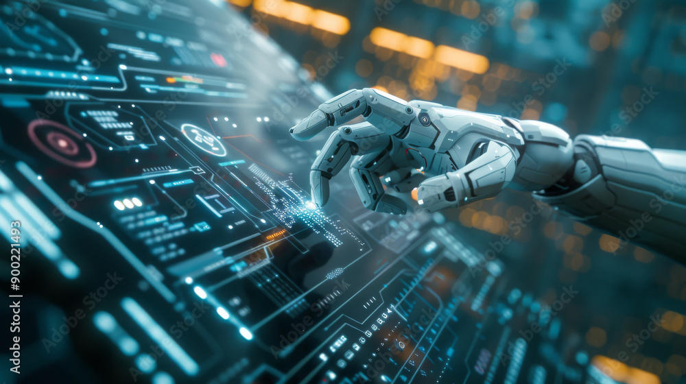 Aufkleber a virtual assistant with a real hand in a futuristic scene. a vision of the future of technology, wh