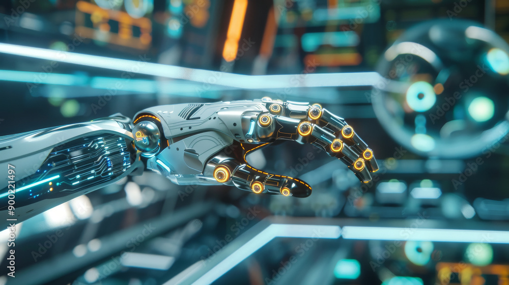 Aufkleber a virtual assistant with a real hand in a futuristic scene. a vision of the future of technology, wh