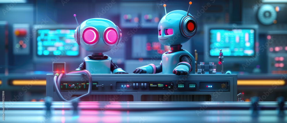 Poster discover a flat design illustration showcasing ai-driven robotics in an assembly line, highlighting 