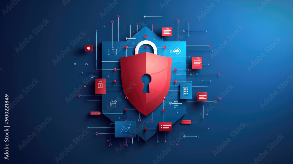 Poster a flat design illustration depicting a cybersecurity shield, symbolizing data protection and digital