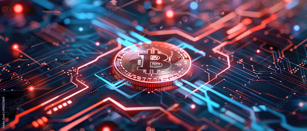 Poster explore a flat design illustration depicting a digital currency blockchain network, showcasing its c