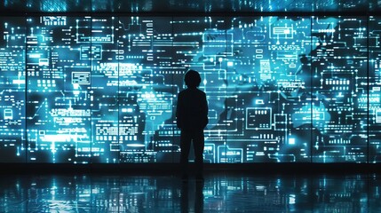 Cyber security alert: a human silhouette stands before a digital screen unveiling the severity of cyber threats and data breaches, urging the public to enhance information security awareness