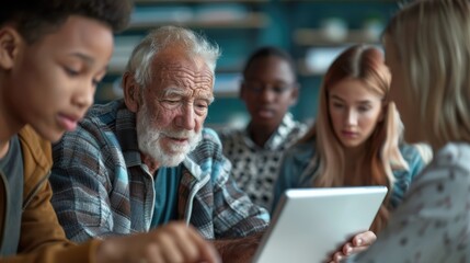 Elderly man is using a digital tablet to teach technology to a group of diverse young people, bridging the generation gap through education and digital literacy