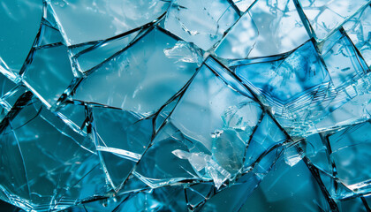 A closeup view of broken glass with a blue hue