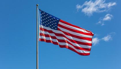 Obraz premium A waving American flag against a blue sky with clouds