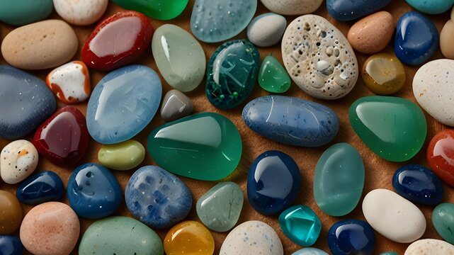 Colorful gemstones on a beach. Polish textured sea glass and stones on the seashore. Green, blue shiny glass with multi-colored sea pebbles close-up. Beach summer background. Generative AI