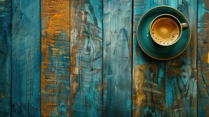 Vintage style wooden background with a cup of coffee