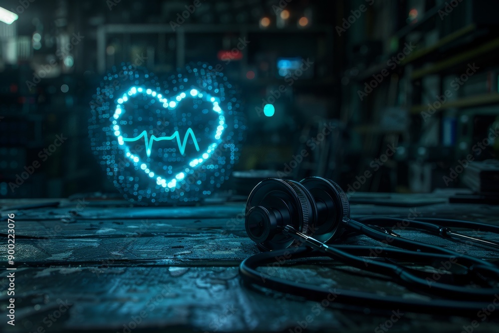 Aufkleber neon heart with stethoscope on a dark background representing the connection between healthcare tech