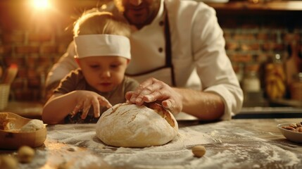 Father and child bake together in a cozy kitchen, bonding over kneading dough under warm sunlight. A heartwarming family moment captured.