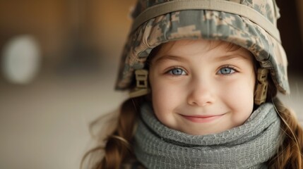 A young girl wears a military helmet and smiles for the camera
