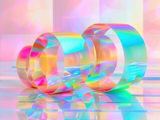Fototapeta premium An iridescent holo abstract 3D shape composition with a rainbow color scheme, showcasing reflections and glow effects on a geometric patterned background