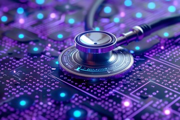 Stethoscope on a circuit board representing the intersection of healthcare and digital technology in a high tech setting