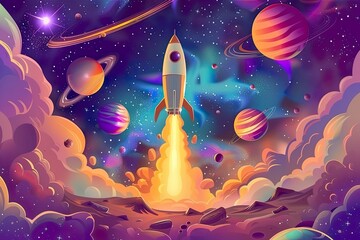 Rocket launch in a colorful space landscape.