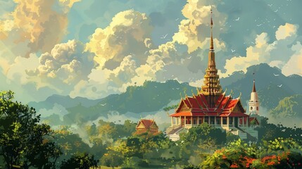 A drawing of a temple with palm trees and a blue sky. Thailand attraction.