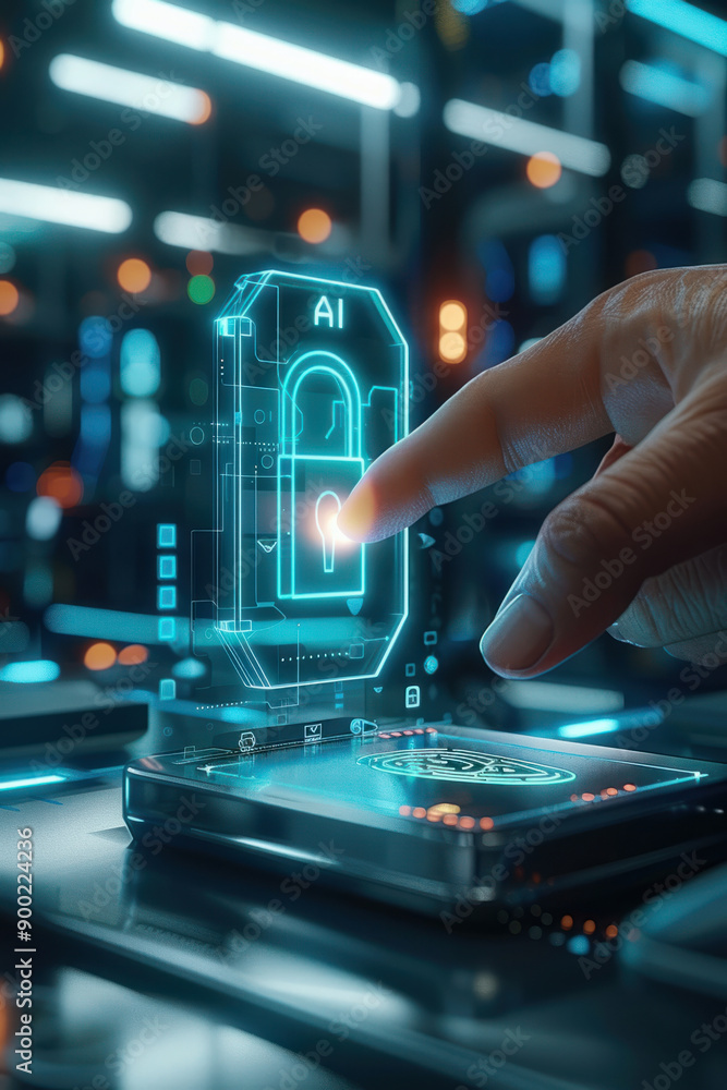 Poster ai cyber security, an engaging shot of a finger on a digital fingerprint reader, with a luminous hol
