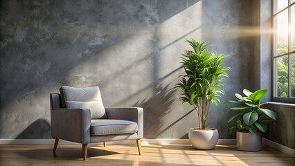 Cozy gray armchair bathed in sunlight, accented by lush greenery, perfect for minimalist living room decor.
Serene living space featuring a plush gray armchair, sunlight, plants, and a touch