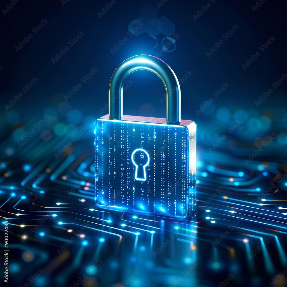 Poster digital padlock symbolizing cybersecurity and data protection over a circuit board background, repre