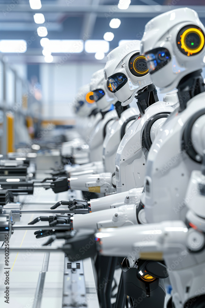 Poster business achievement, robots packaging products on an assembly line, illustrating improved productiv