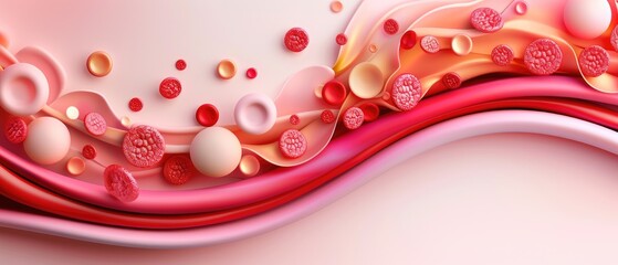 Vibrant Abstract Flow of Blood Cells and Organic Shapes, a dynamic composition of swirling red and pink hues featuring various blood cell representations amidst fluid patterns.