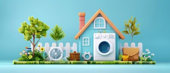 Fototapeta premium Charming backyard scene with a cute blue house, a washing machine, lush greenery, vibrant flowers, and whimsical decorations creating a lively outdoor atmosphere.