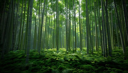 A serene bamboo forest with tall, slender bamboo stalks reaching towards the sky, and a forest floor covered in green moss and ferns.