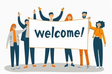 a group of people holding up a banner that says welcome