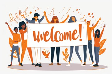 a group of orange cloth people holding up a banner that says welcome