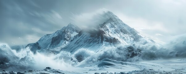 Ice mountain with avalanche in motion, dramatic snowfall captured midcollapse, ice mountain, dynamic natural disaster