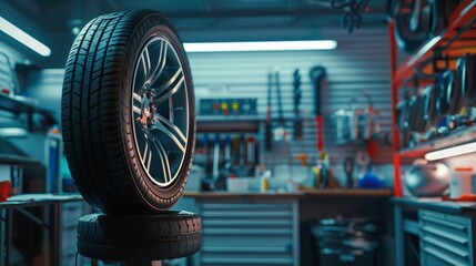 Fototapeta premium A stack of car tires in a well-equipped modern auto workshop, highlighting tools and equipment for tire maintenance.