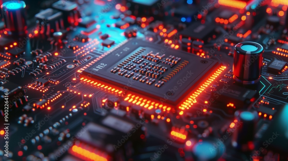 Poster a detailed close-up of an illuminated circuit board, showcasing intricate electronic components and 