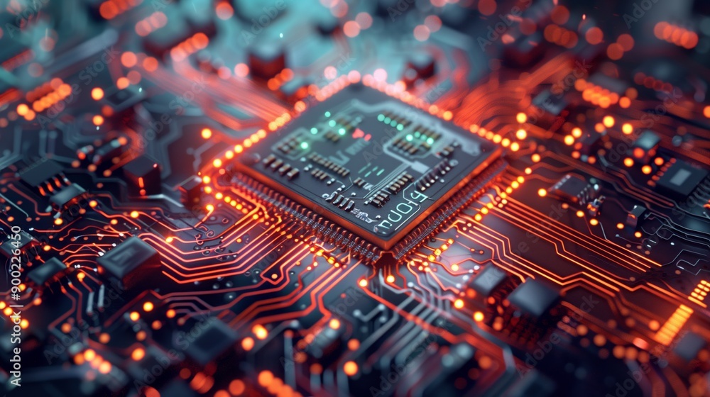 Poster a detailed close-up of a glowing microchip on a circuit board, showcasing intricate electronic pathw