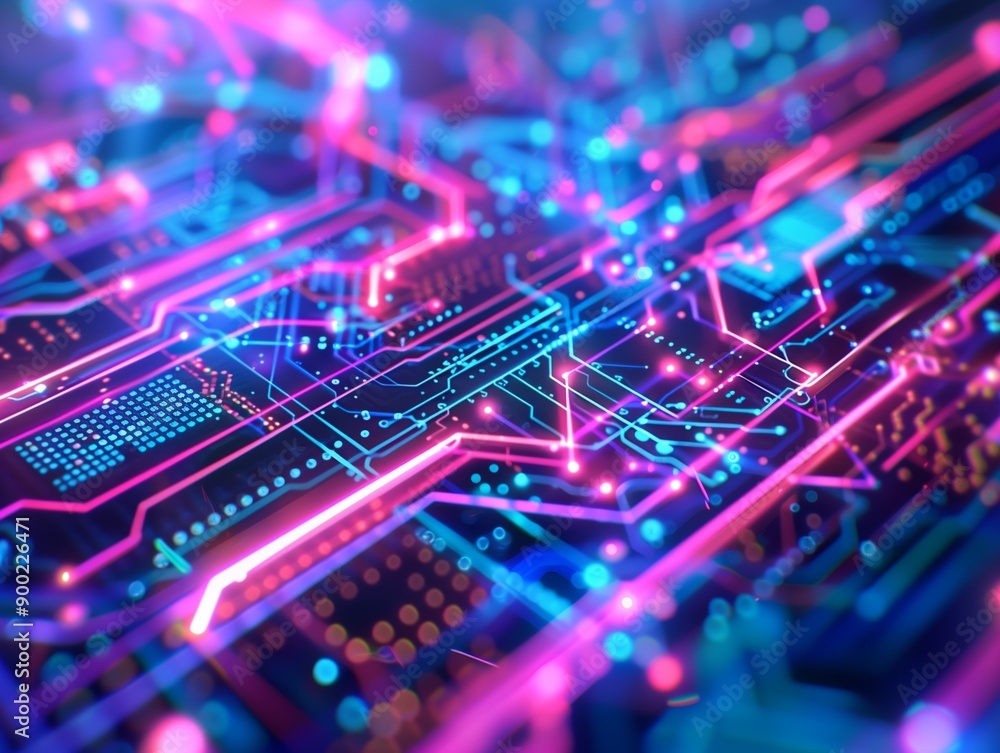 Poster bright and colorful futuristic circuit board pattern, showcasing intricate digital pathways and glow