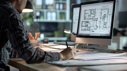 A man is sitting at a desk with a computer monitor and a drawing tablet