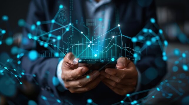 A man is holding a cell phone with a blue screen that has a lot of lines