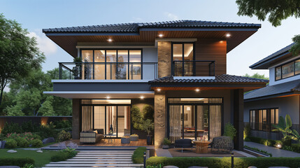 Front elevation of 2 storey house with travertine 8 meters width with hip roof.