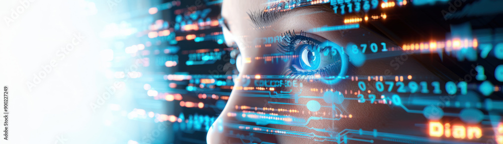 Poster ai cyber security, close-up female face illuminated by soft lighting, with a digital data overlay of