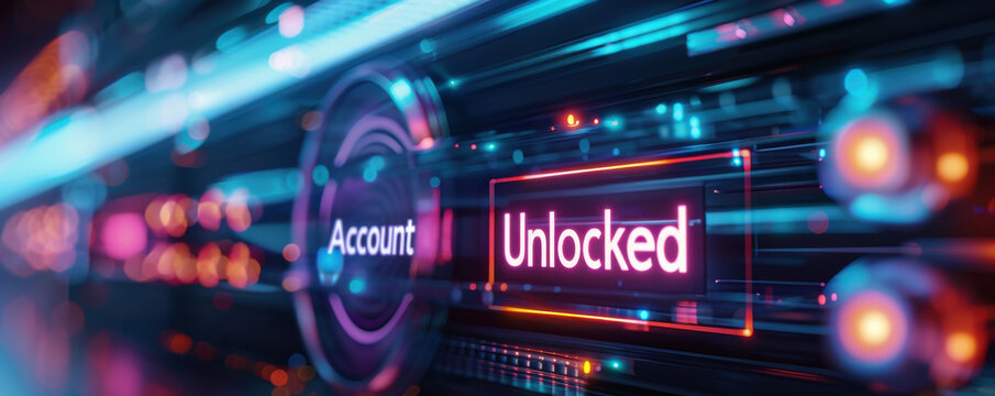 A futuristic interface displaying an unlocked account status, showcasing technology and security in digital systems.