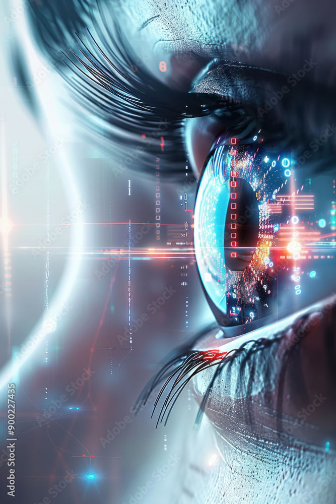 Poster ai cyber security, close-up of a human eye capturing holographic digital data projections, glowing w