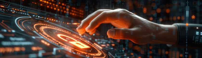AI cyber security,  Close-up of a hand hovering over a glowing hologram lock icon, with a sleek, futuristic interface backdrop. The hand is poised to touch the lock, symbolizing