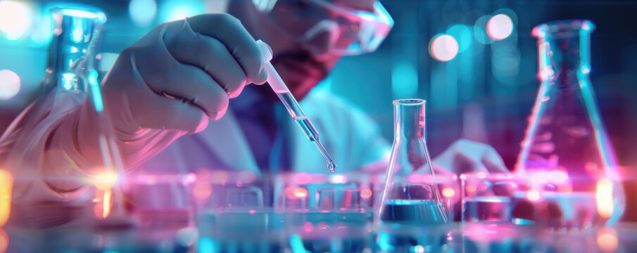 A scientist performs experiments in a modern laboratory with colorful liquids in glassware and advanced equipment.