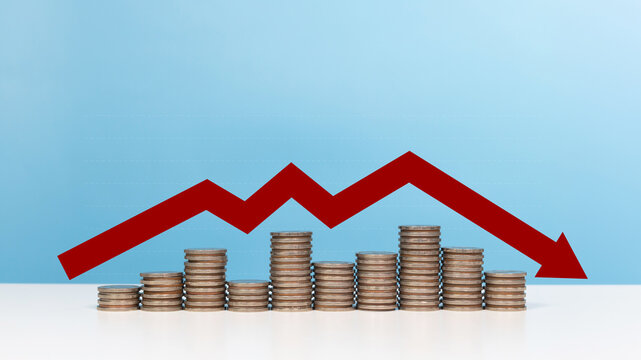 Crisis, recession, invest, investment, economy recession crisis and financial loss. Down arrow with decreasing stack of coins indicating recession
