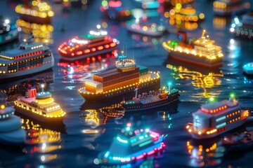 Neon lit futuristic boats in a harbor symbolizing advanced maritime technology and urban innovation