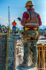 civil engineering construction,  Construction quality control inspector reviewing blueprints and measurements, holding a digital measuring tool, standing on a partially built