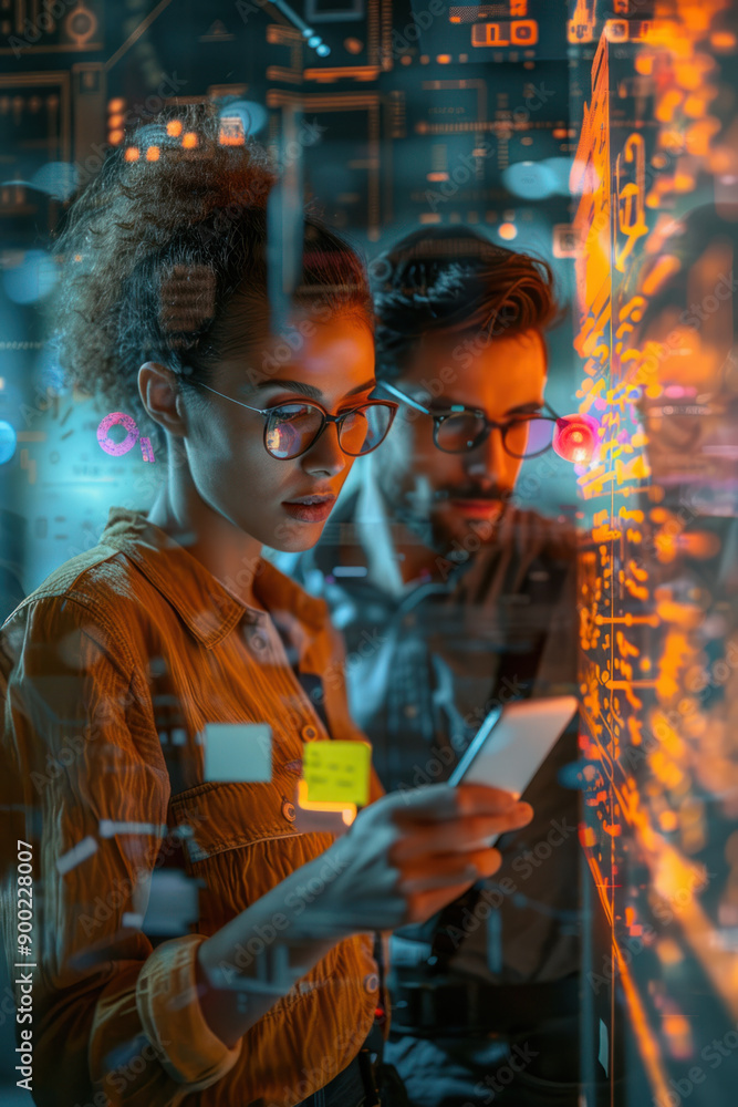 Poster ai productivity tools, a pair of colleagues exploring ai-driven analysis on smartphones while surrou
