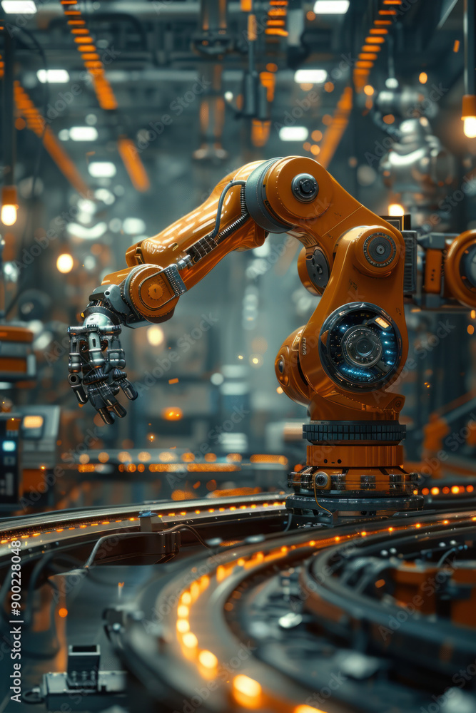 Poster ai manufacturing optimization, a robotic arm expertly assembling components in a high-tech factory, 