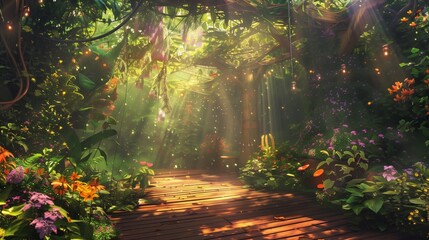Obraz premium A magical garden filled with vibrant flowers and lush greenery, illuminated by beams of sunlight filtering through the foliage.
