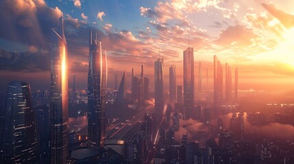 Fototapeta premium A breathtaking view of a futuristic cityscape bathed in golden sunset light, with towering skyscrapers and a serene sky.