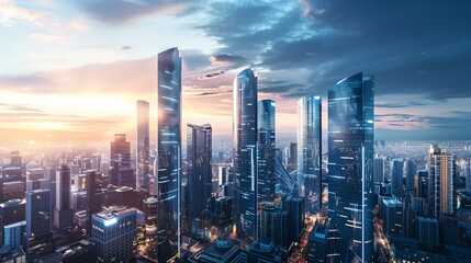 Fototapeta premium A breathtaking view of a futuristic cityscape featuring high-rise skyscrapers illuminated against the backdrop of a vibrant dusk sky.