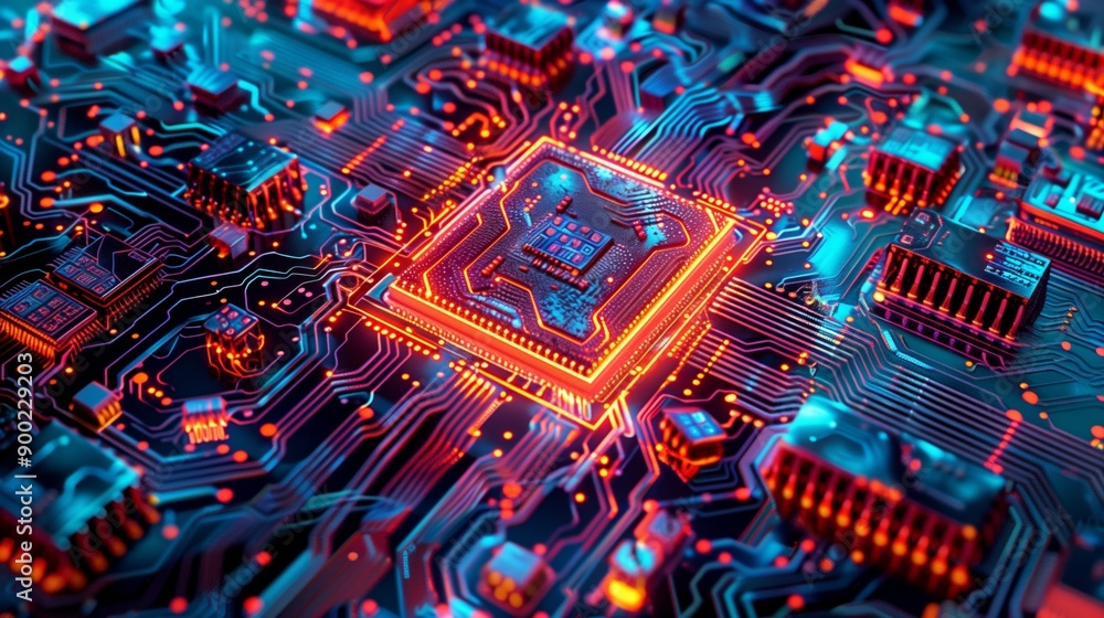Poster a vibrant, glowing circuit board with a central microchip, showcasing intricate electronic component